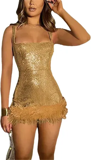 Womens Sleeveless Sexy Strecth Bodycon Sequins Mini Party Dresses Shiny Straps Square Collar Feather Night Club Dress