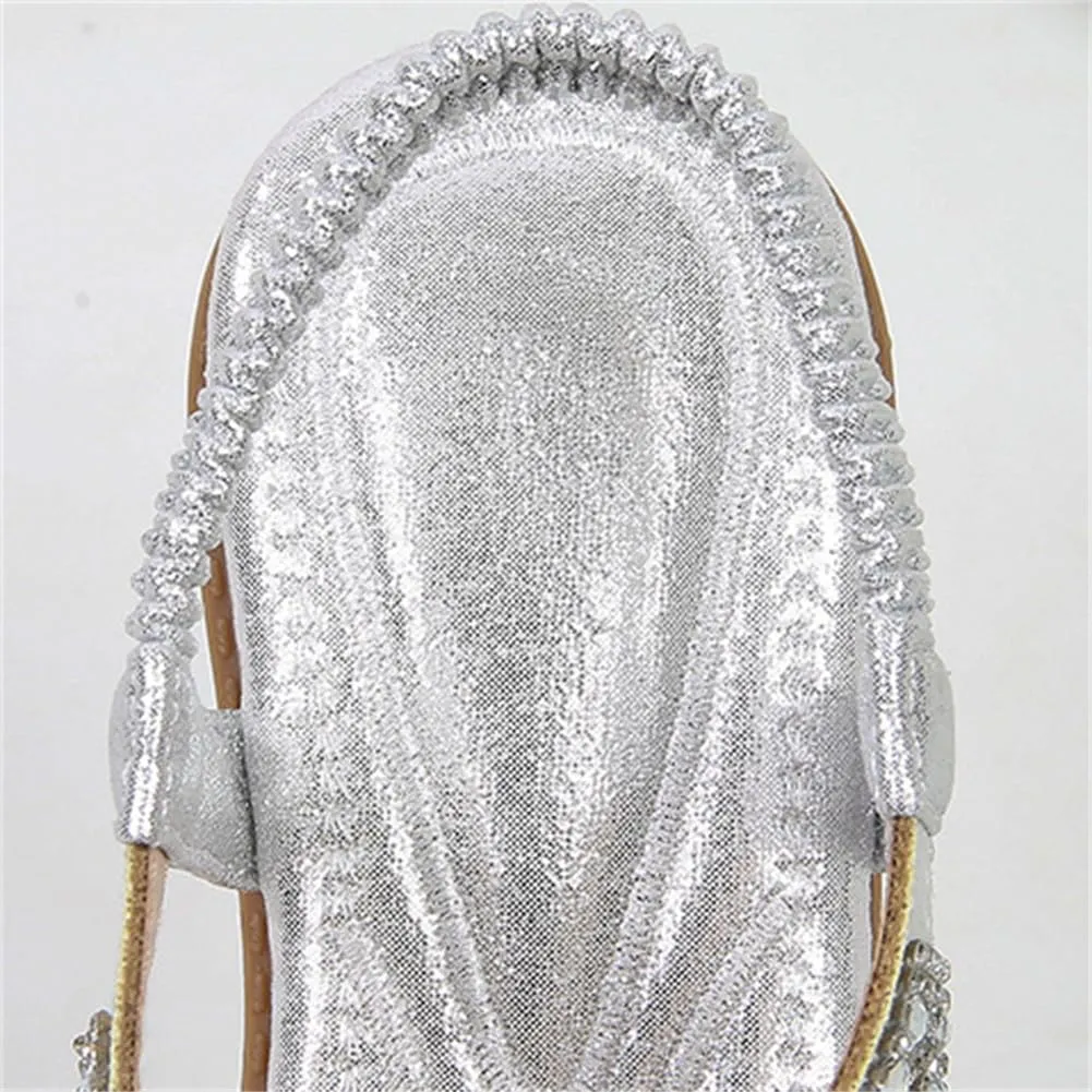 Women's T-Strap Beaded Flower Rhinestone Hollow Bohemian Flat Sandals Comfortable Low Heel Open Toe Sandals for Walking Beach