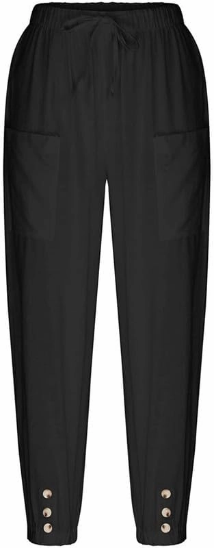 Womens Capri Pants Cotton Linen Cropped Trousers Summer Wide Leg Drawstring High Waist Palazzo Pants with Pockets