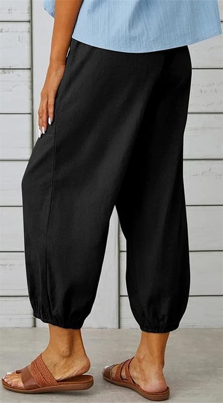 Womens Capri Pants Cotton Linen Cropped Trousers Summer Wide Leg Drawstring High Waist Palazzo Pants with Pockets