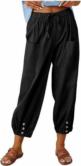 Womens Capri Pants Cotton Linen Cropped Trousers Summer Wide Leg Drawstring High Waist Palazzo Pants with Pockets