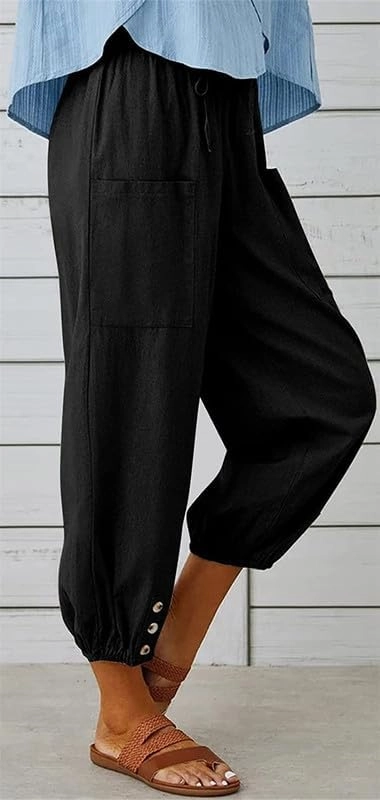 Womens Capri Pants Cotton Linen Cropped Trousers Summer Wide Leg Drawstring High Waist Palazzo Pants with Pockets