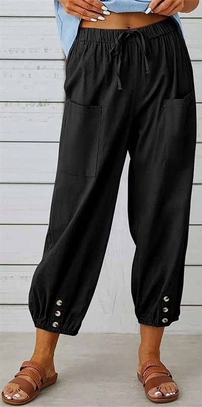 Womens Capri Pants Cotton Linen Cropped Trousers Summer Wide Leg Drawstring High Waist Palazzo Pants with Pockets