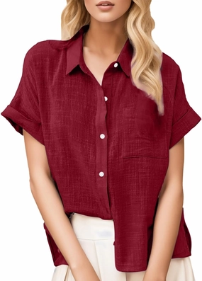 Womens Linen Button Down Shirt Casual Summer Tops Short Sleeve T-Shirt Loose Fit V Neck Collared Tunic Blouse W/Pocket