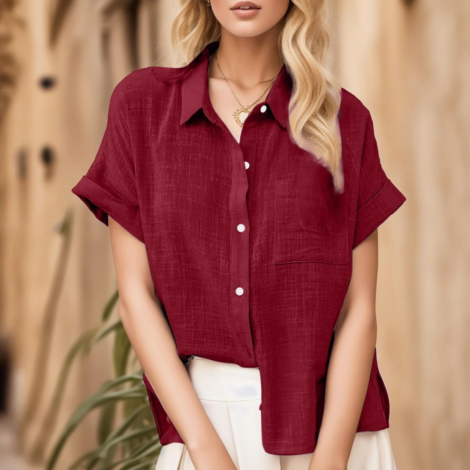 Womens Linen Button Down Shirt Casual Summer Tops Short Sleeve T-Shirt Loose Fit V Neck Collared Tunic Blouse W/Pocket