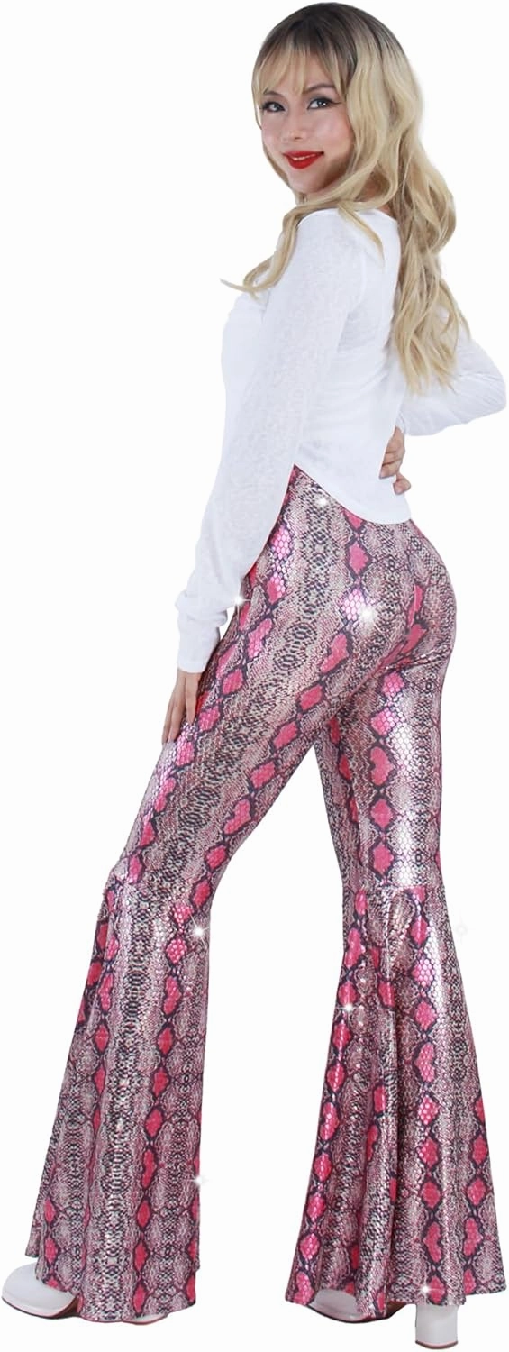 Womens Sequin Flare Pant Sparkly High Waisted Leg Bell Bottom Glitter Trousers Night Out Clubwear
