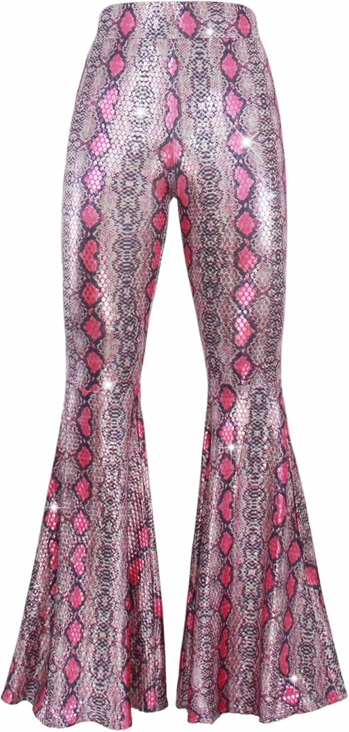 Womens Sequin Flare Pant Sparkly High Waisted Leg Bell Bottom Glitter Trousers Night Out Clubwear