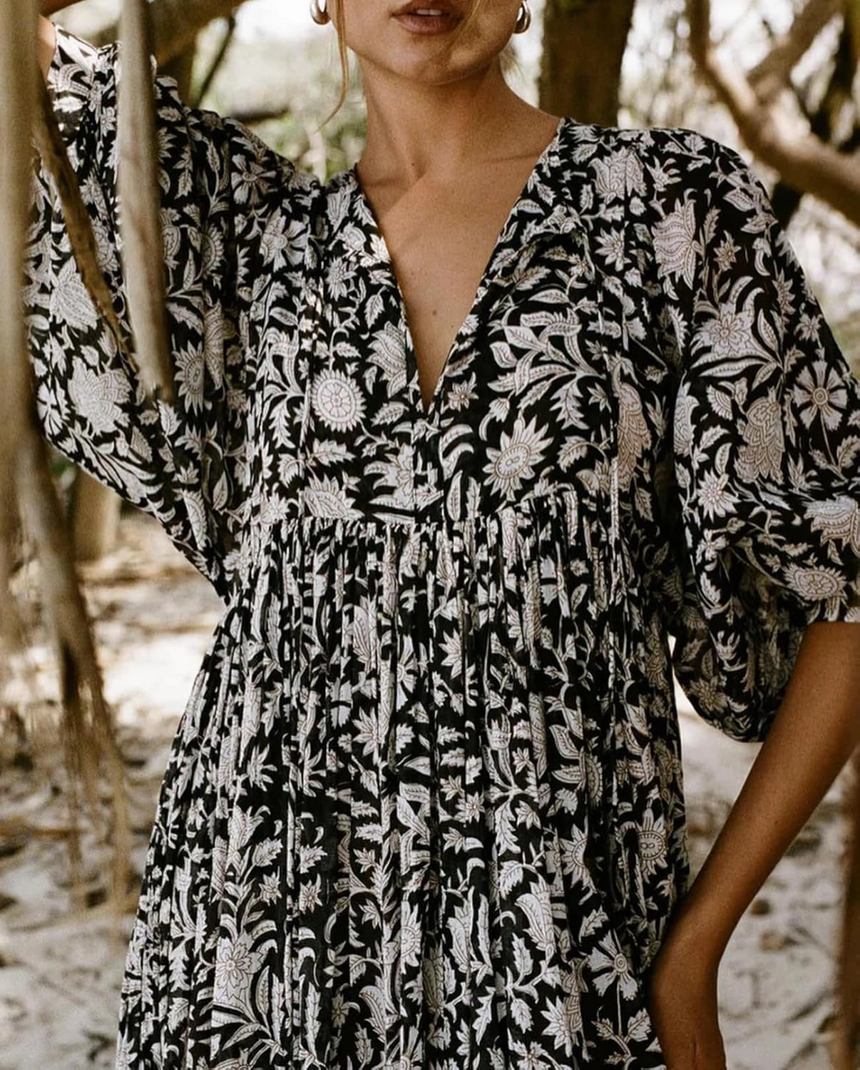 Womens Summer Dresses Casual Boho Floral Babydoll Balloon Sleeve Half Open Tether Flowy Short Beach Dress