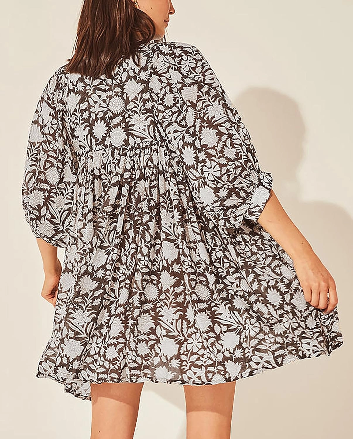 Womens Summer Dresses Casual Boho Floral Babydoll Balloon Sleeve Half Open Tether Flowy Short Beach Dress