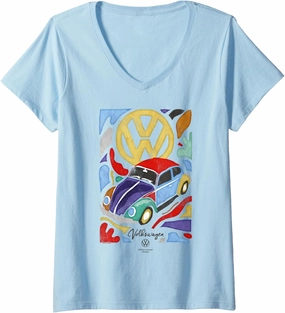 Womens Volkswagen Beetle Fauvism Colourful Art V-Neck T-Shirt