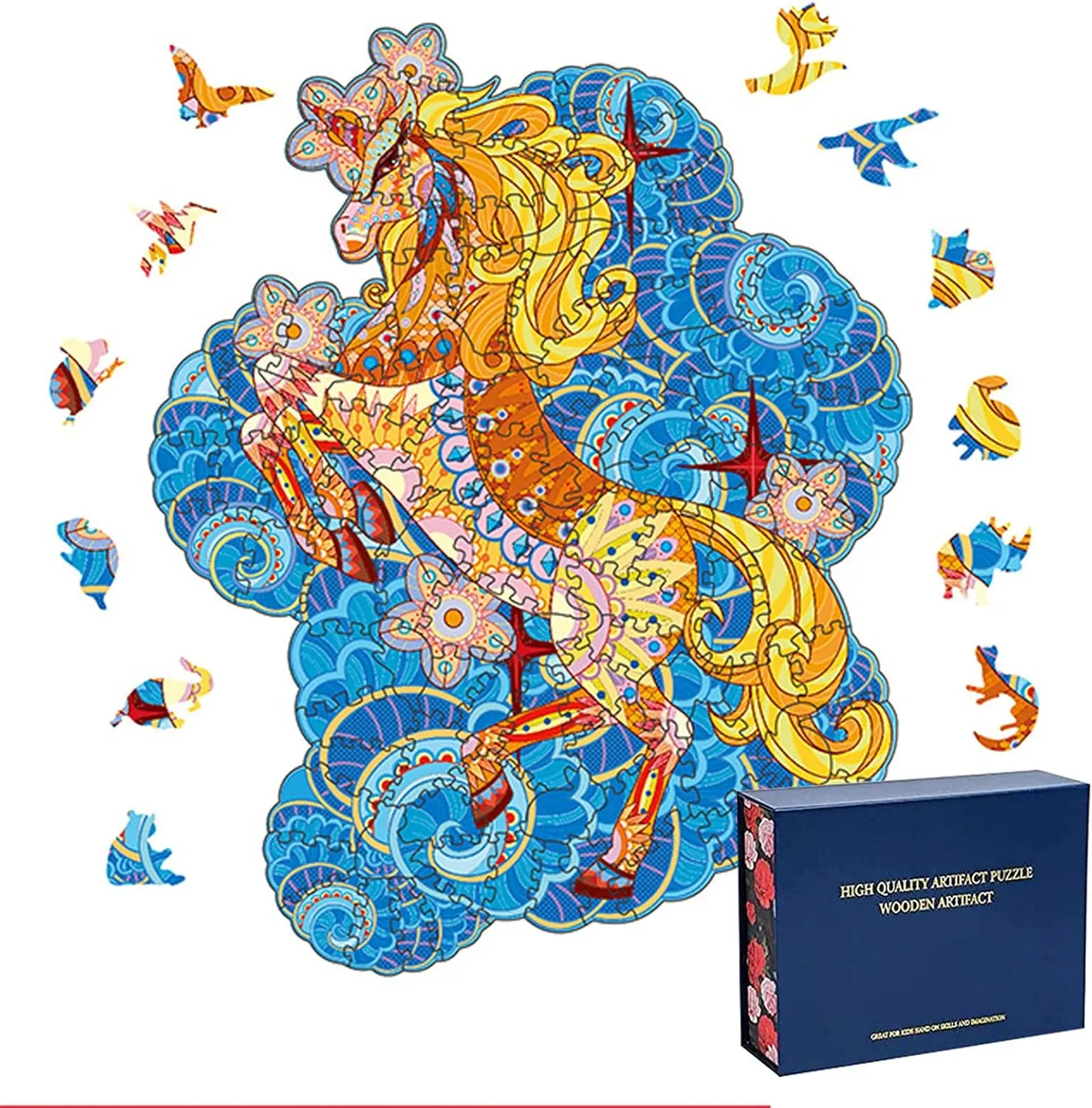 Wood Cut Puzzles, Wooden Jigsaw Puzzles, Animals Shaped Unique Wooden Puzzles for Adults and Kids, Cool Gadgets Magic Liberty Puzzles, Anime Golden Unicorn (Large 300 pcs)