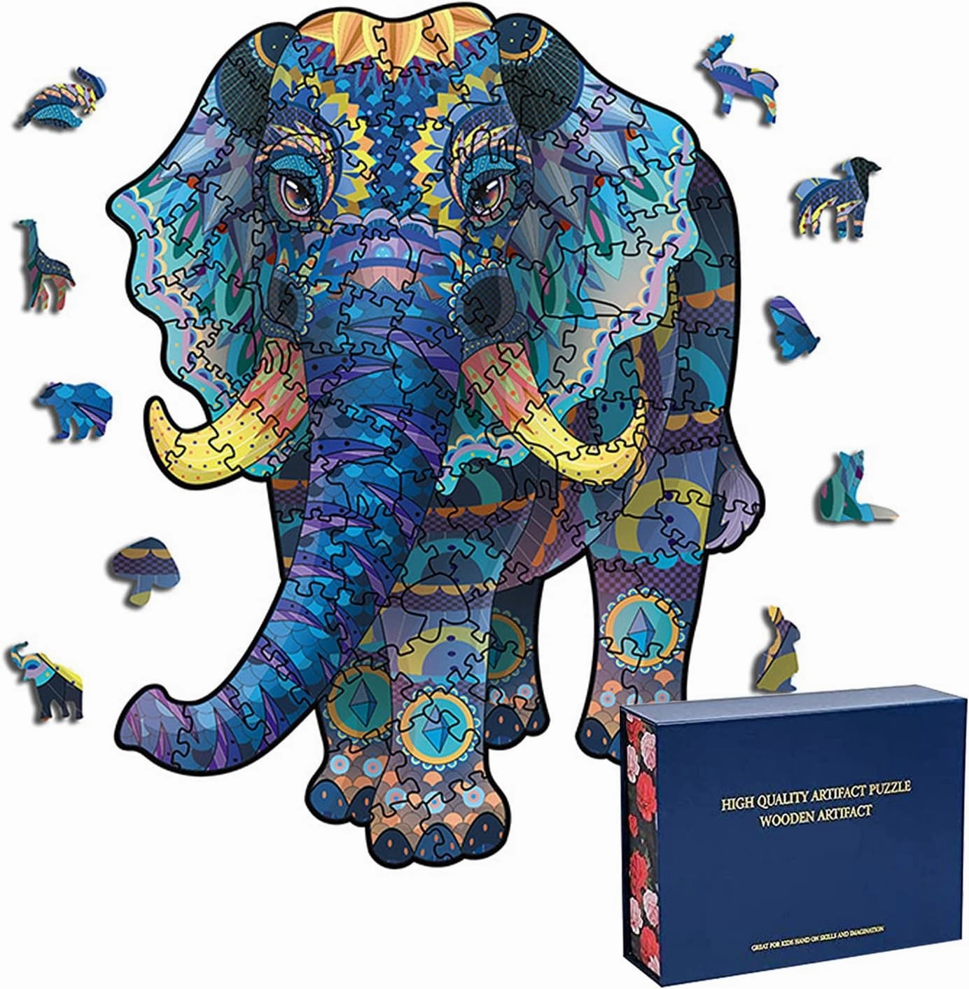 Wood Cut Puzzles, Wooden Jigsaw Puzzles, Animals Shaped Unique Wooden Puzzles for Adults and Kids, Cool Gadgets Magic Liberty Puzzles, Blue Elephant (Small 100 pcs)