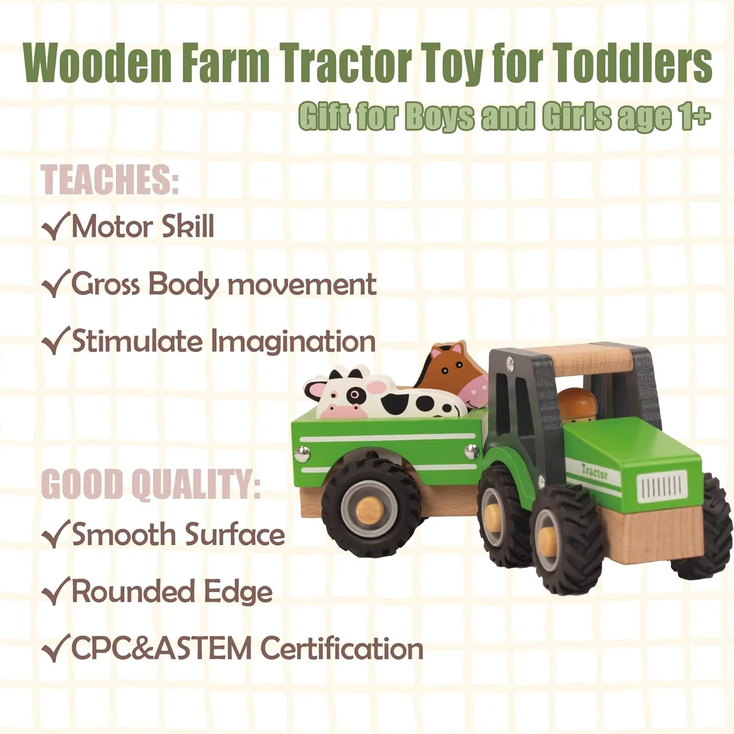Wooden Tractor Toys for Toddlers 1-3, Baby Vehicle Toys Hand Push Car Toys for 1 2 3 Year Old Boys Girls (Green)