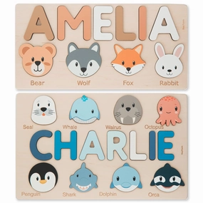 Wooden Personalized Name Puzzle With Animals Wooden Toys Custom Name Puzzle by BusyPuzzle Birthday Gift For a 1 Year Old Educational Christmas Gift