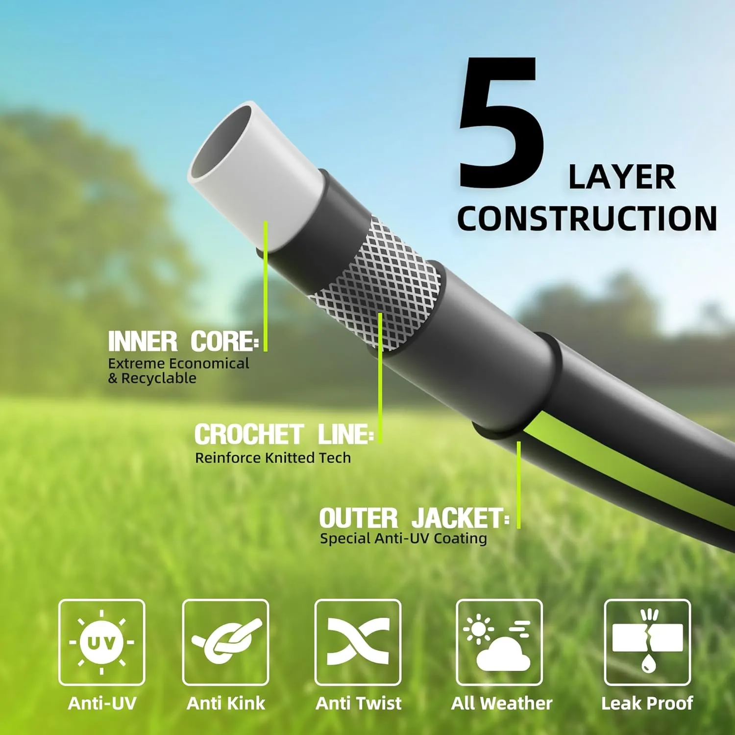 Worth Lead-in Garden Hose 5/8 in. x 25 ft. -No Kink, Flexible, Leakproof, Male to Female Fittings -Heavy Duty Durable PVC Lightweight Water Pipe with Brass Aluminum Ends for Household & Yard Use