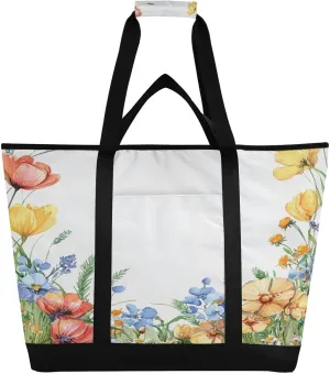 Wotercolor Flower Reusable Insulated Lunchbox Cooler Bag, Leakproof Kitchen Grocery Bag Collapsible Portable Cooler Tote Bag for Picnic, Camping, Office, Travel