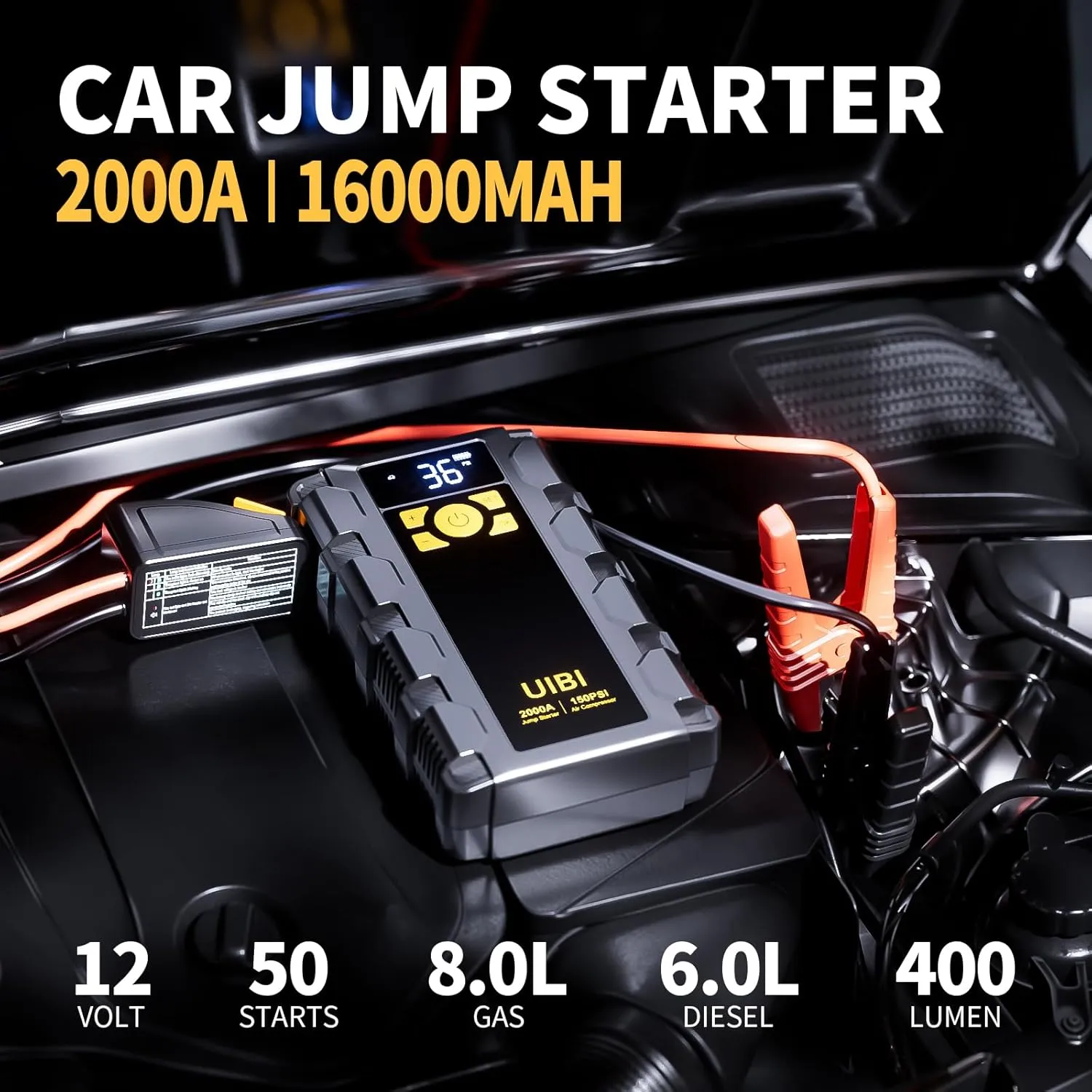 X5 Car Jump Starter with Air Compressor, 2000A Car Battery Jump Starter with 150PSI Tire Inflator Portable, Battery Jumper Starter, Jump Box for 8.0L Gas or 6.0L Diesel Vehicles
