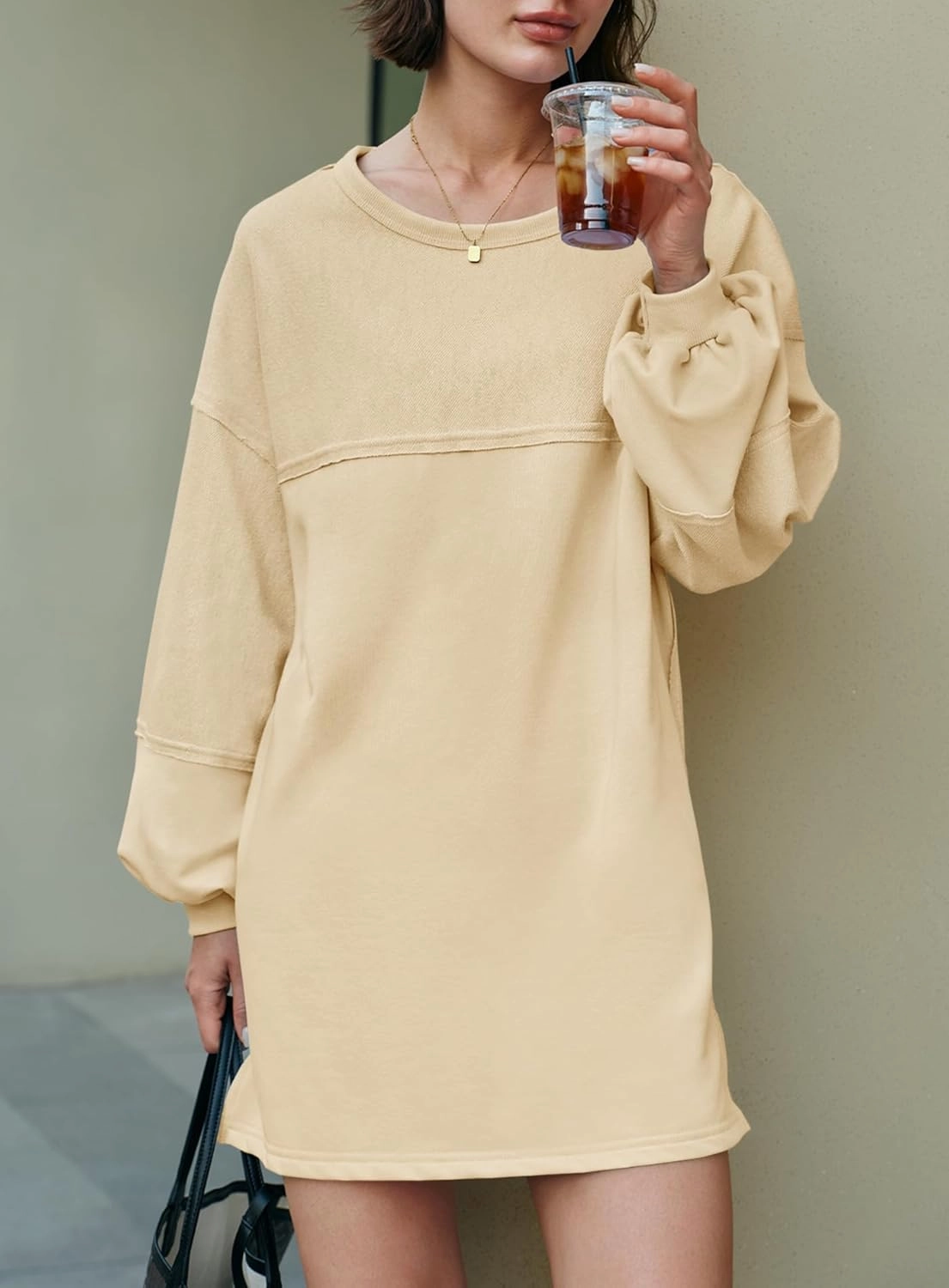 Yanekop Womens Oversized Sweatshirt Dress Patchwork Tunic Sweatshirts Crewneck Long Sleeve Spring Pullover Tops Side Slit