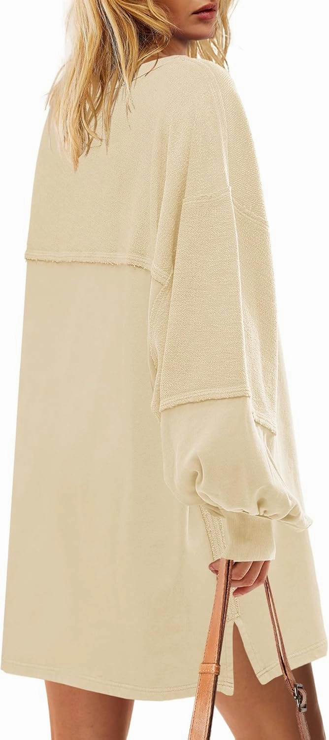 Yanekop Womens Oversized Sweatshirt Dress Patchwork Tunic Sweatshirts Crewneck Long Sleeve Spring Pullover Tops Side Slit