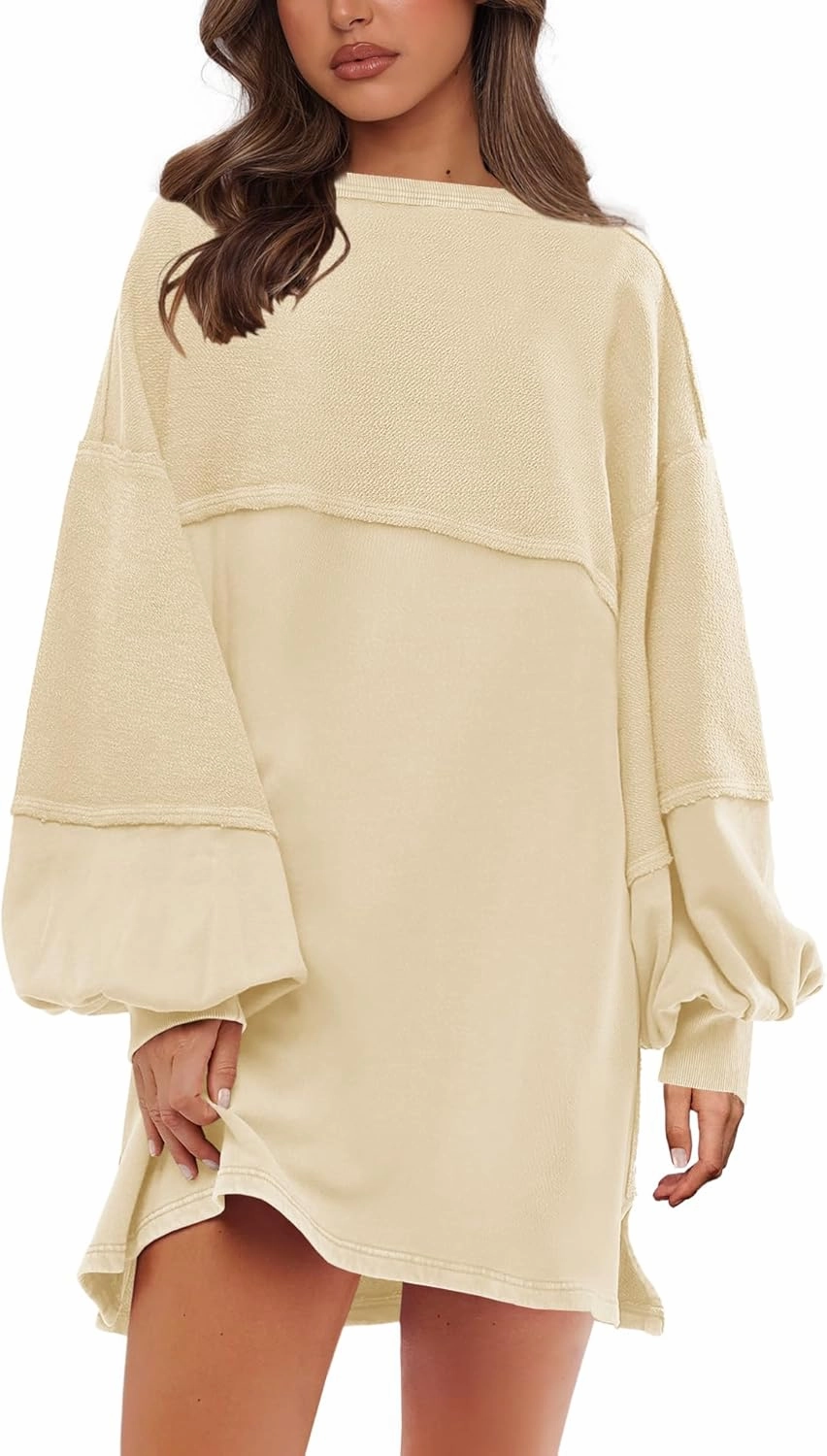 Yanekop Womens Oversized Sweatshirt Dress Patchwork Tunic Sweatshirts Crewneck Long Sleeve Spring Pullover Tops Side Slit