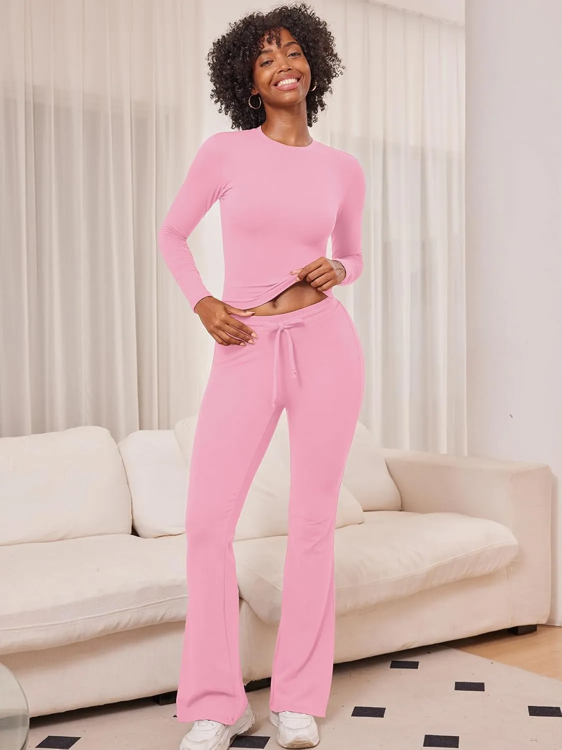 YEOREO Two Piece Sets for Women Long Sleeve Tops Lounge Set Drawstring Wide Leg Pants Ava Matching