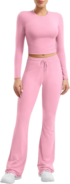 YEOREO Two Piece Sets for Women Long Sleeve Tops Lounge Set Drawstring Wide Leg Pants Ava Matching