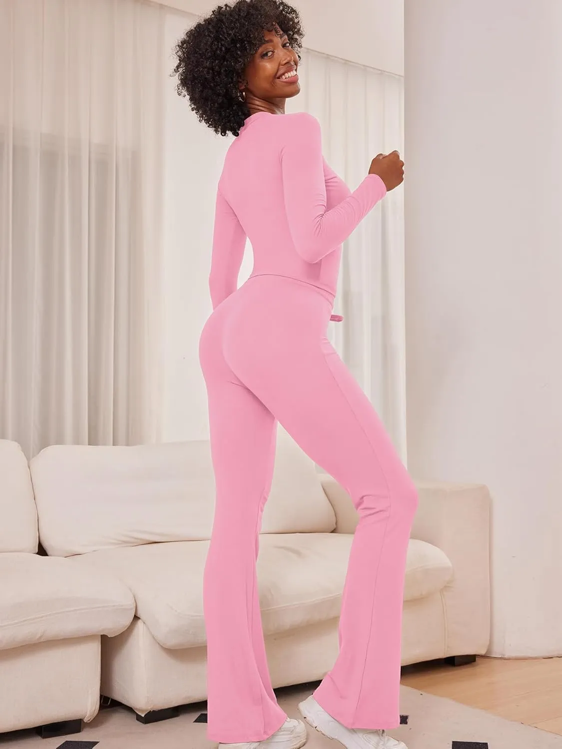 YEOREO Two Piece Sets for Women Long Sleeve Tops Lounge Set Drawstring Wide Leg Pants Ava Matching