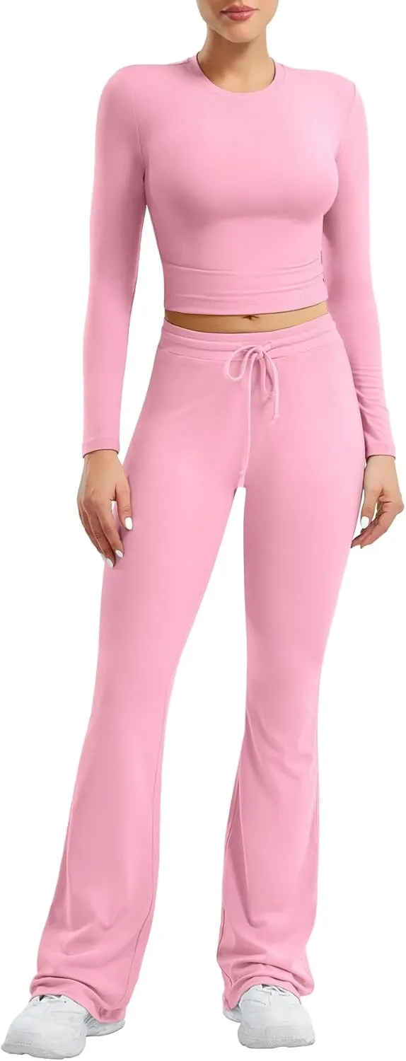 YEOREO Two Piece Sets for Women Long Sleeve Tops Lounge Set Drawstring Wide Leg Pants Ava Matching