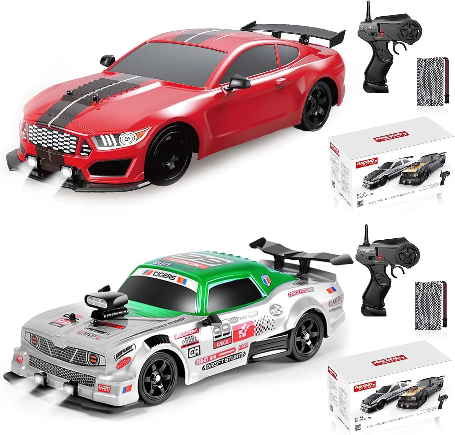 YUZ 2PCS Remote Control Car RC Drift Car 1/16 Scale 4WD 18KM/H High Speed RC Car 2.4GHz with LED Lights Spray Racing Toy Car for Adults Boys Girls Kids Birthday Rechargeable Batteries