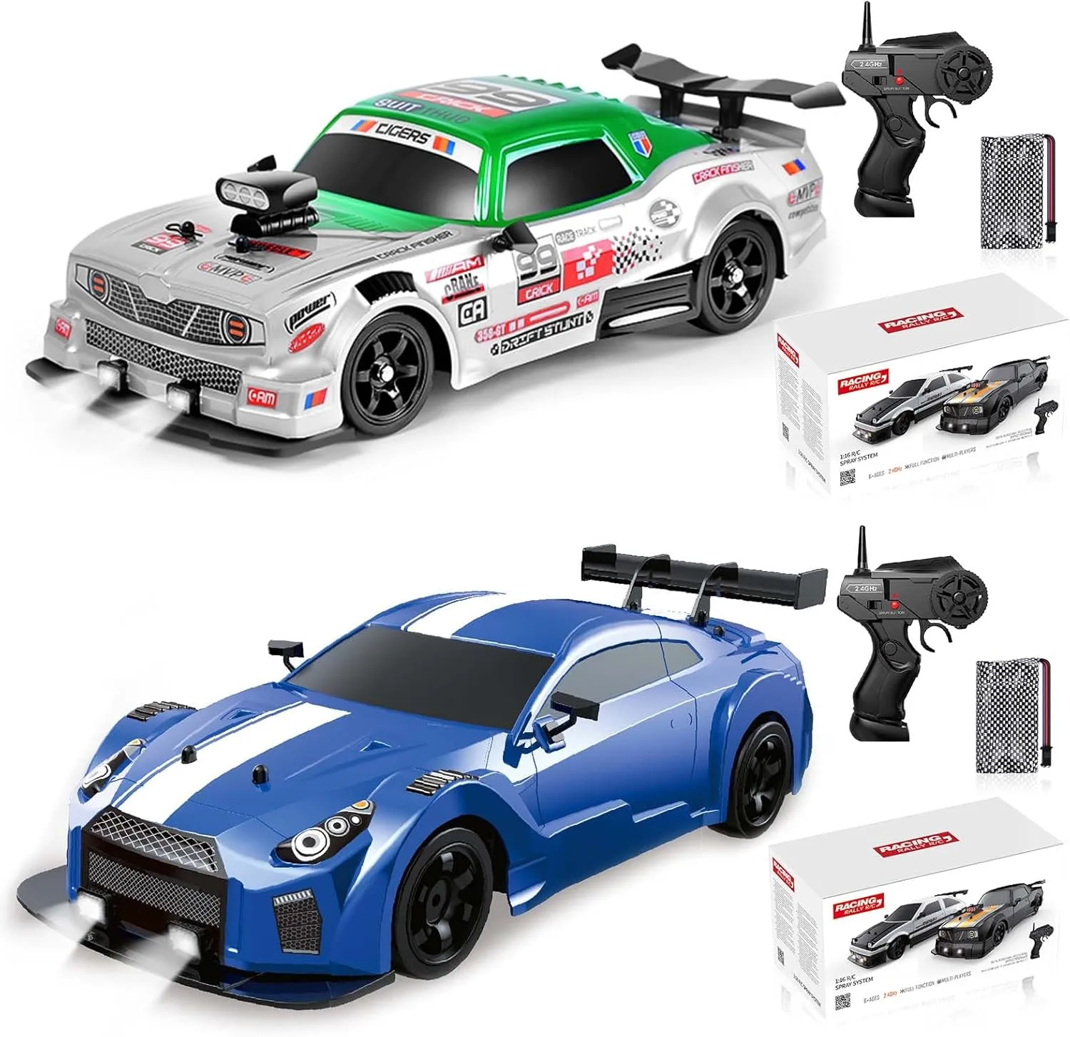 YUZ 2PCS Remote Control Car RC Drift Car 1/16 Scale 4WD 18KM/H High Speed RC Car 2.4GHz with LED Lights Spray Racing Toy Car for Adults Boys Girls Kids Birthday Rechargeable Batteries