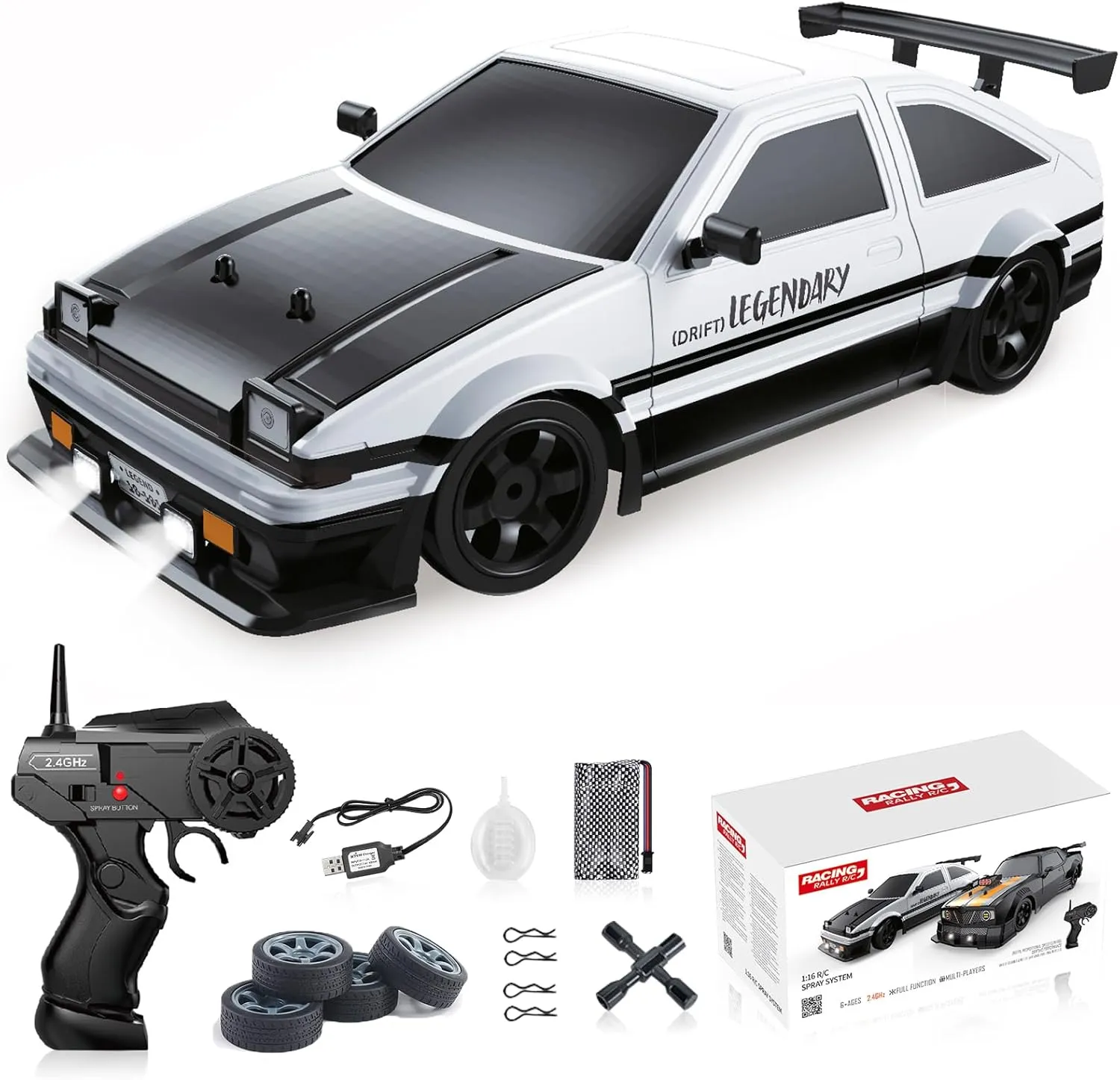 YUZ Remote Control Car RC Drift Car 1/16 Scale 4WD 18KM/H High Speed RC Car 2.4GHz with LED Lights Spray Racing Toy Car for Adults Boys Girls Kids Birthday 2Pcs Rechargeable Batteries, White