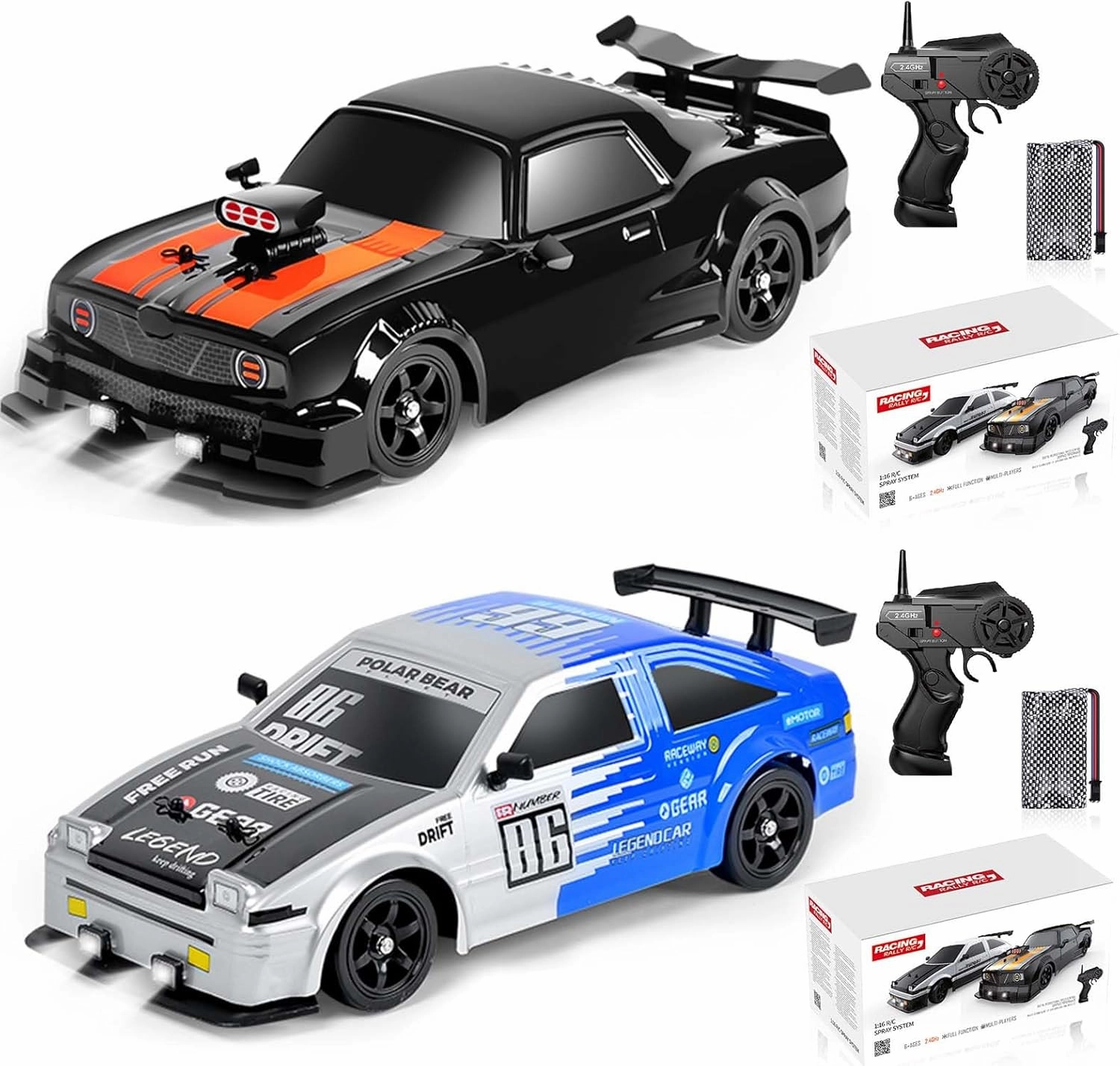 YUZ 2PCS Remote Control Car RC Drift Car 1/16 Scale 4WD 18KM/H High Speed RC Car 2.4GHz with LED Lights Spray Racing Toy Car for Adults Boys Girls Kids Birthday Rechargeable Batteries