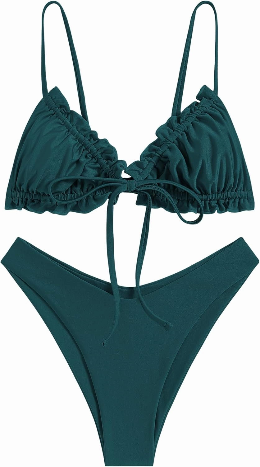 ZAFUL Women's Triangle Bikini Floral Ruffles Bow Tie Up Bikini Set Two Piece Swimsuit