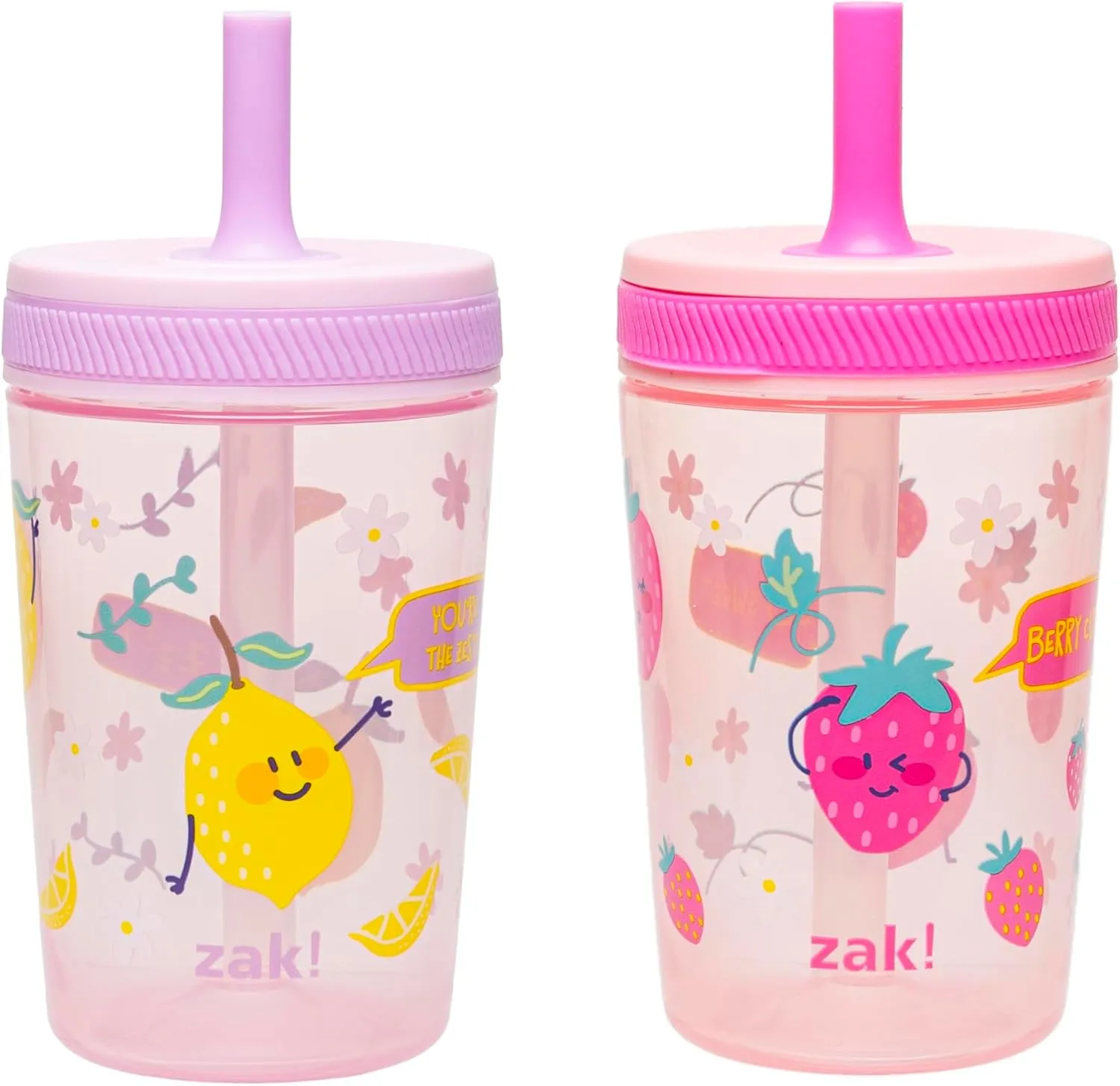 Zak Designs Kelso Toddler Cups For Travel or At Home, 15oz 2-Pack Durable Plastic Sippy Cups With Leak-Proof Design is Perfect For Kids (Sweet Berry, Lemon Zest)