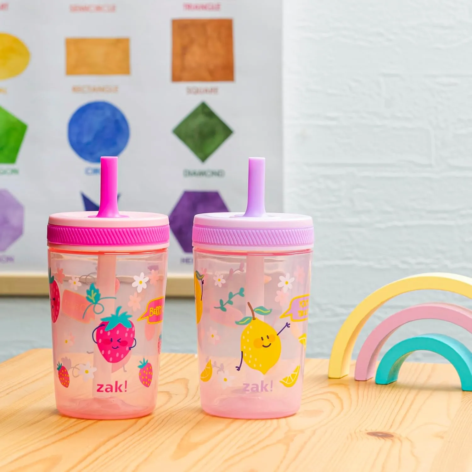Zak Designs Kelso Toddler Cups For Travel or At Home, 15oz 2-Pack Durable Plastic Sippy Cups With Leak-Proof Design is Perfect For Kids (Sweet Berry, Lemon Zest)