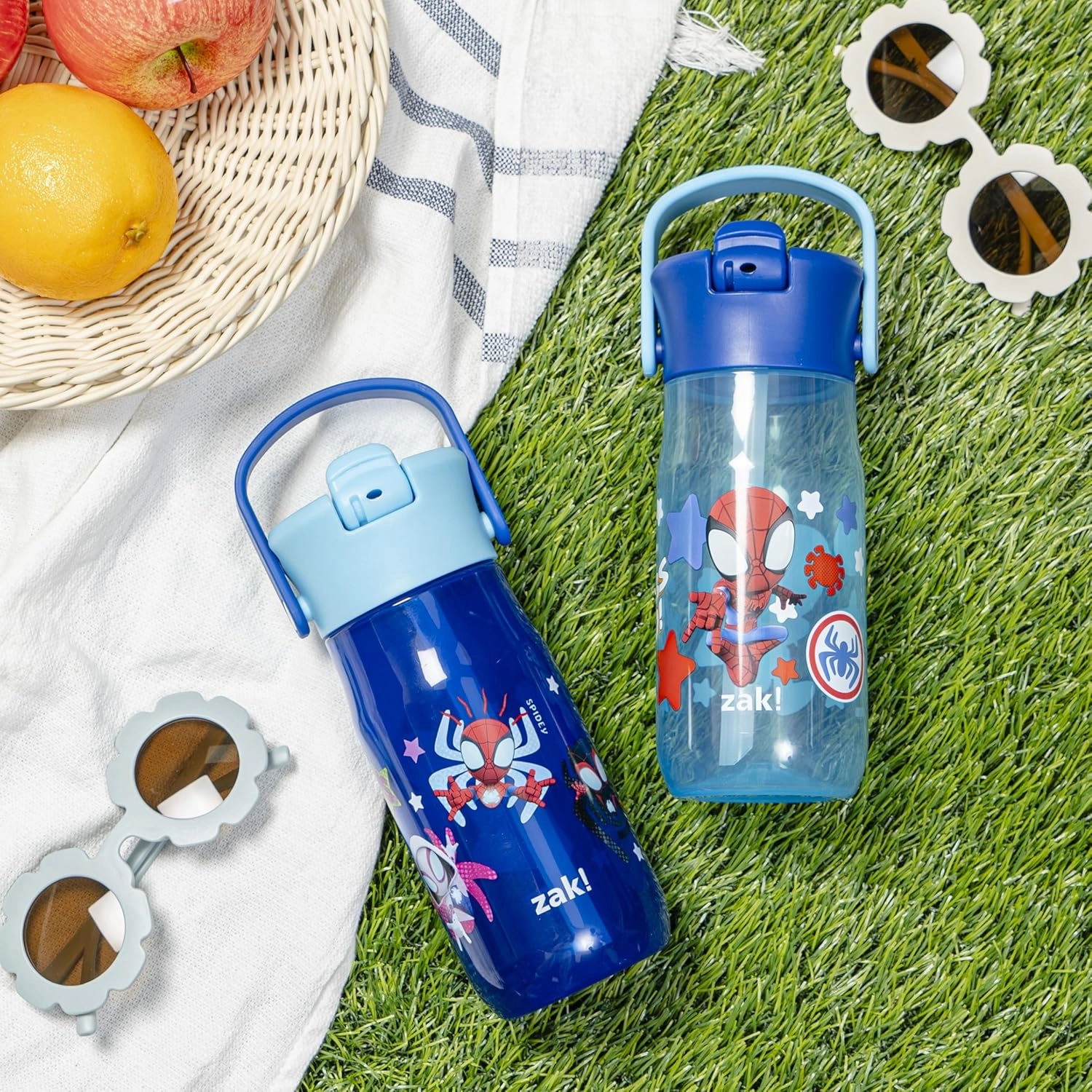 Zak Designs Harmony Marvel Spider-Man Water Bottle for Travel or At Home, 18oz Recycled Plastic is Leak-Proof When Closed with Straw Lid and Carry Handle, 2-Pack (Spidey and His Amazing Friends)