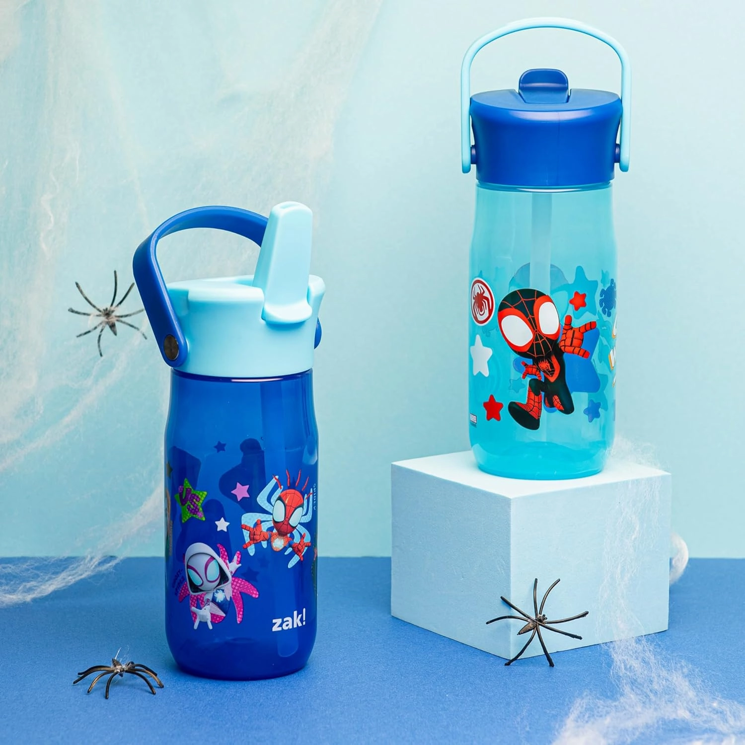 Zak Designs Harmony Marvel Spider-Man Water Bottle for Travel or At Home, 18oz Recycled Plastic is Leak-Proof When Closed with Straw Lid and Carry Handle, 2-Pack (Spidey and His Amazing Friends)
