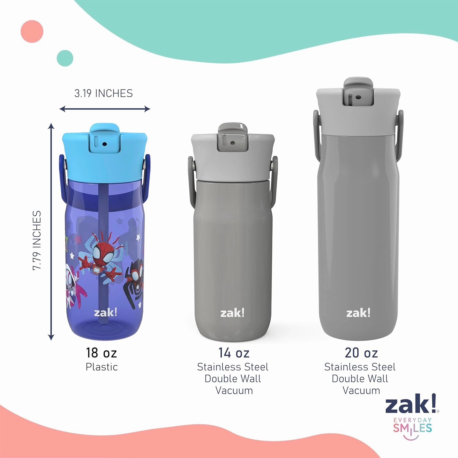 Zak Designs Harmony Marvel Spider-Man Water Bottle for Travel or At Home, 18oz Recycled Plastic is Leak-Proof When Closed with Straw Lid and Carry Handle, 2-Pack (Spidey and His Amazing Friends)