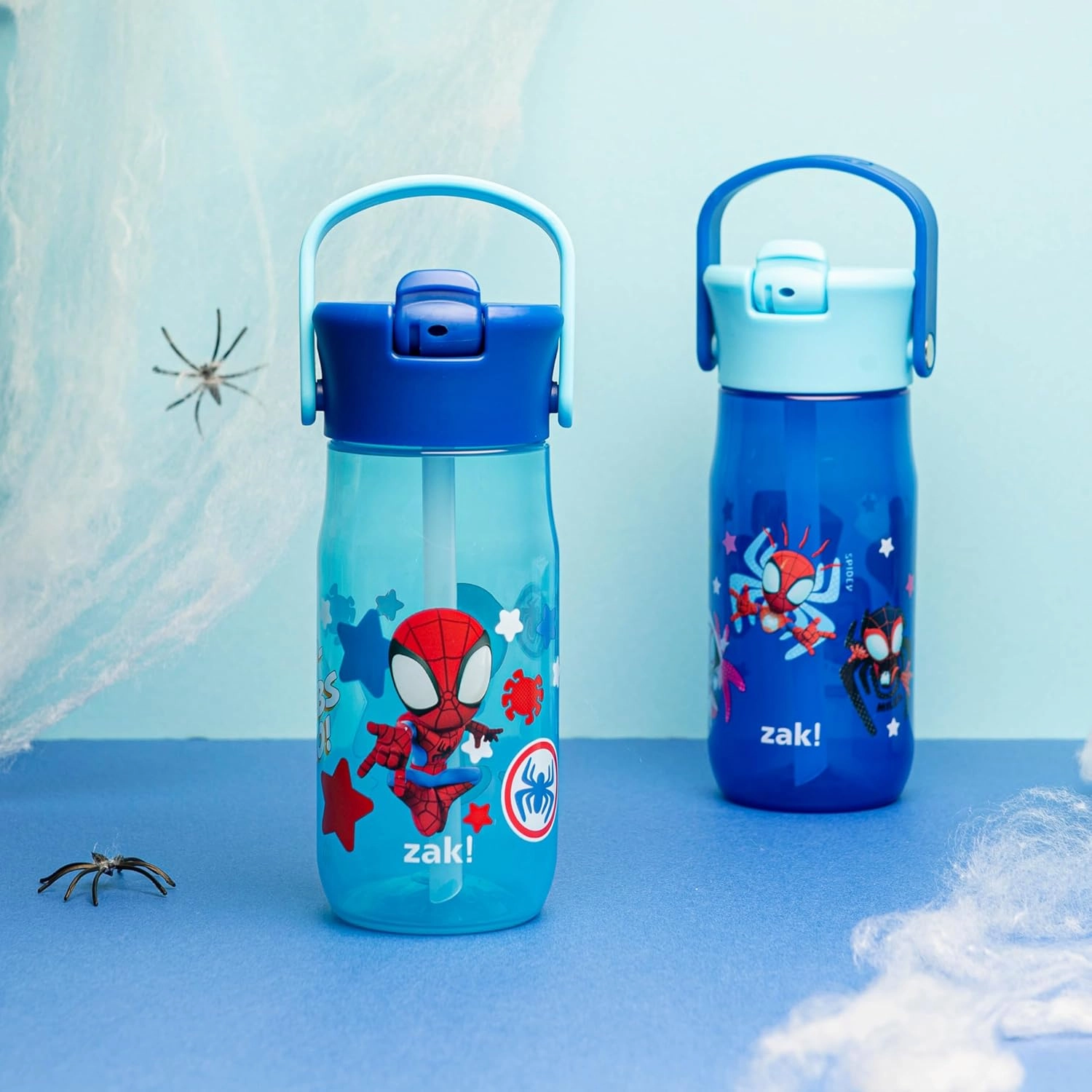 Zak Designs Harmony Marvel Spider-Man Water Bottle for Travel or At Home, 18oz Recycled Plastic is Leak-Proof When Closed with Straw Lid and Carry Handle, 2-Pack (Spidey and His Amazing Friends)