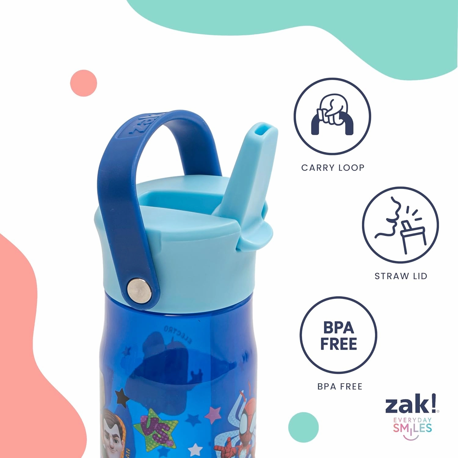 Zak Designs Harmony Marvel Spider-Man Water Bottle for Travel or At Home, 18oz Recycled Plastic is Leak-Proof When Closed with Straw Lid and Carry Handle, 2-Pack (Spidey and His Amazing Friends)