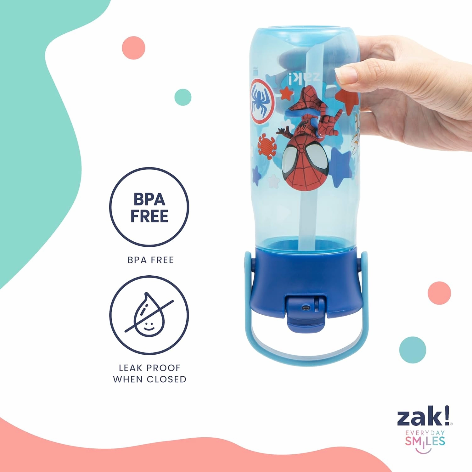 Zak Designs Harmony Marvel Spider-Man Water Bottle for Travel or At Home, 18oz Recycled Plastic is Leak-Proof When Closed with Straw Lid and Carry Handle, 2-Pack (Spidey and His Amazing Friends)