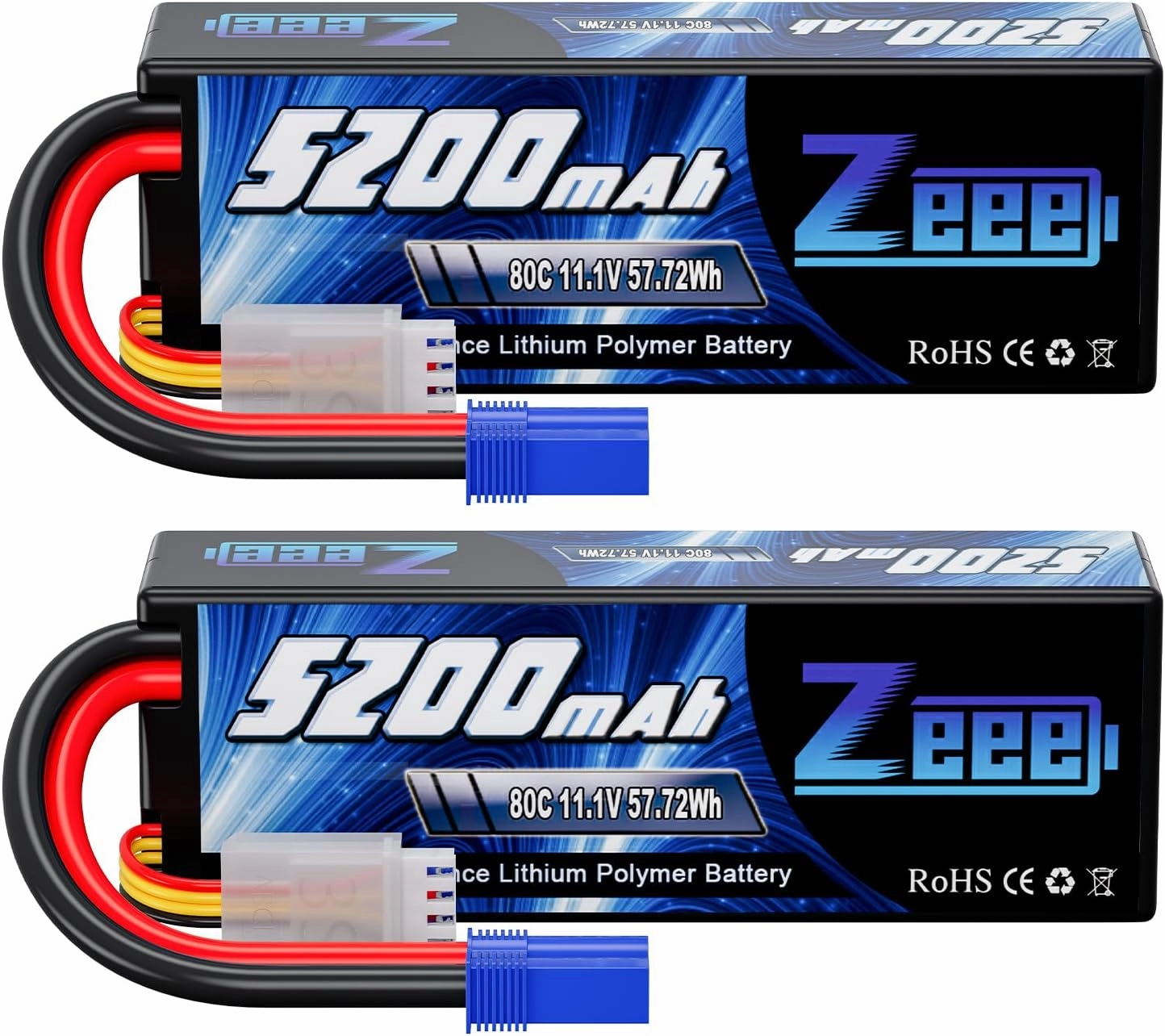 Zeee 11.1V 80C 5200mAh 3S Lipo Battery with EC5 Connector Hardcase Battery for 1/5 1/8 1/10 RC Car RC Truck Racing Models(2 Packs)