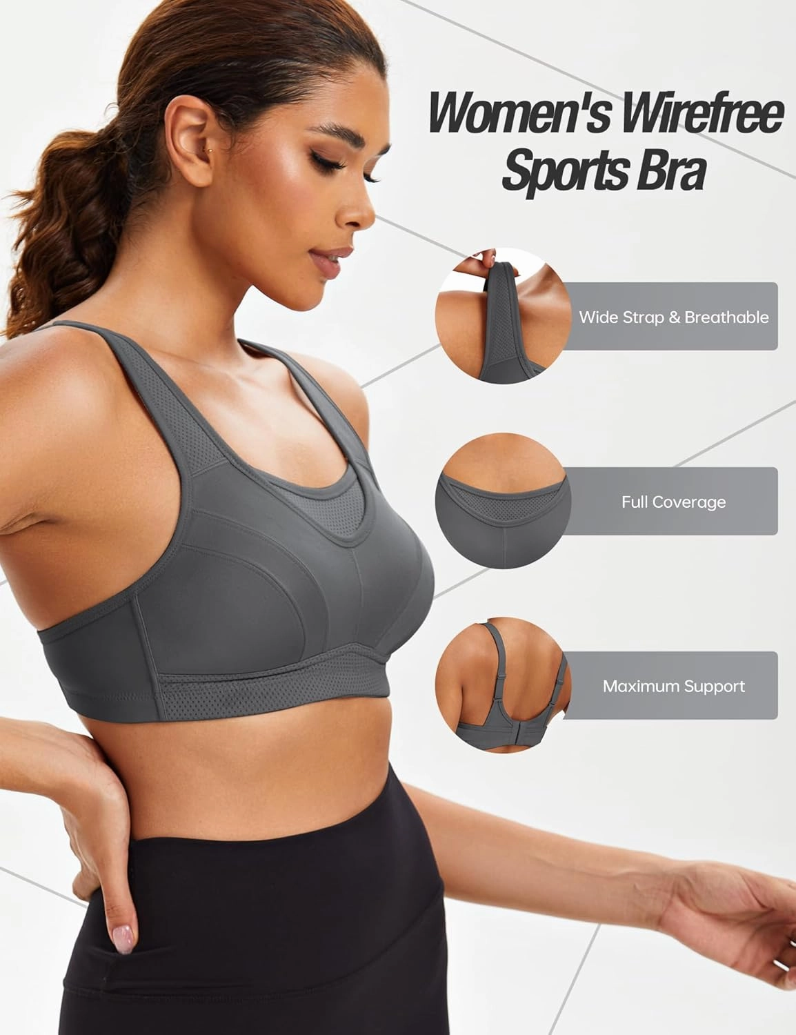 ZeroBound Women's Sports Bra High Impact Large Bust Full Coverage Workout Bras Adjustable Wirefree NO Padded Bra