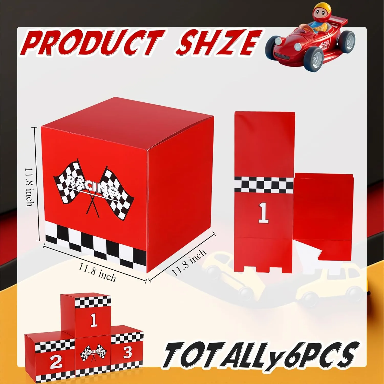 Zhanmai 4 Pcs Large Racing Car Party Boxes 11.8 x 11.8 Inch Goodie Checkered Boxes for Birthday Decor Truck Theme Race Car Podium Centerpiece Decorations Cardboard Party Favors(Red)