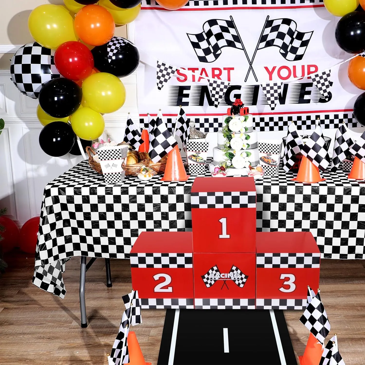 Zhanmai 4 Pcs Large Racing Car Party Boxes 11.8 x 11.8 Inch Goodie Checkered Boxes for Birthday Decor Truck Theme Race Car Podium Centerpiece Decorations Cardboard Party Favors(Red)