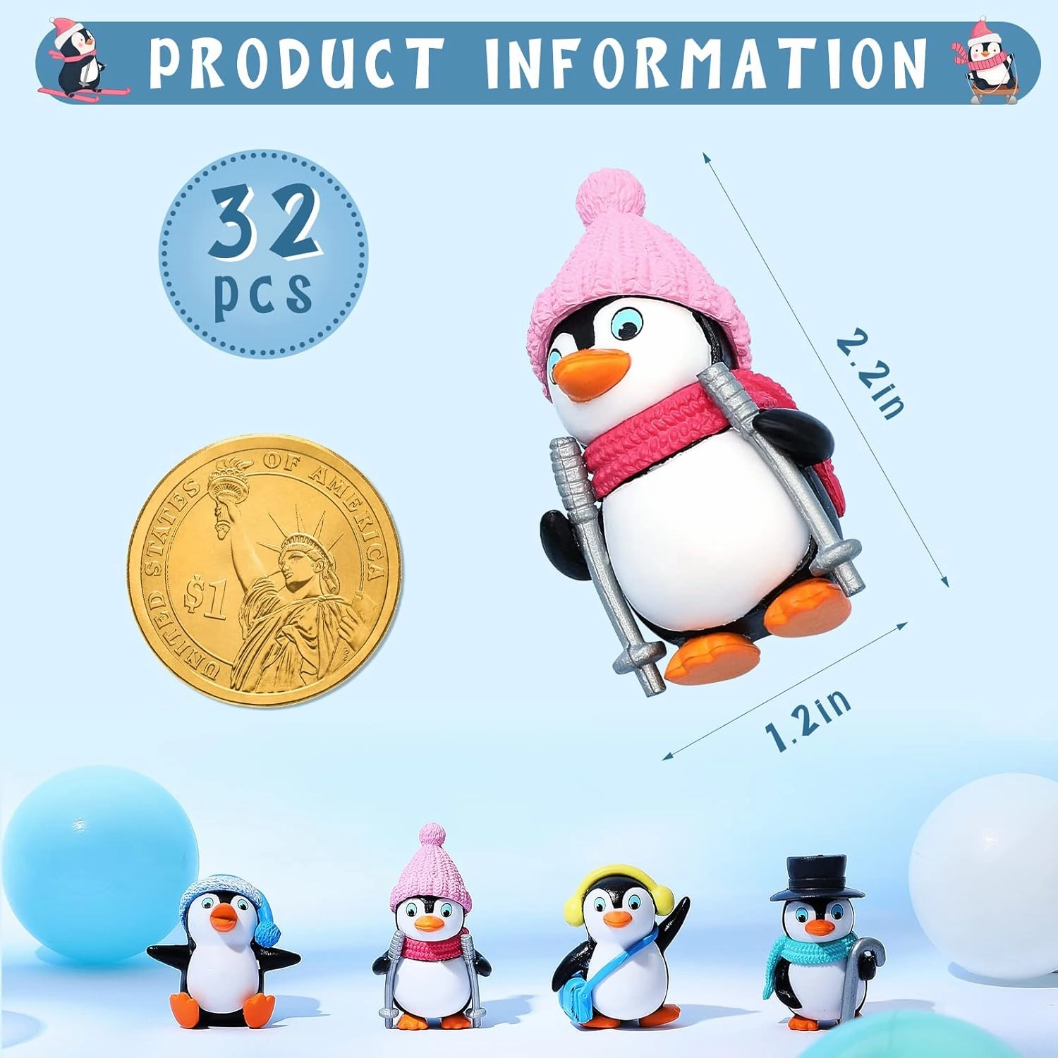 Zhanmai Cute Penguin Characters Toys Collection Playset Mini Cartoon Figures Cake Topper Winter Figurines Cake Decoration for Boy Girl Gift Birthday Landscape Party(32 Pieces)