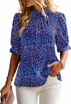 ZILIN Women's Summer Boho Floral Shirt Top Ruffle Mock Neck Puff Short Sleeve 2024 Casual Blouses