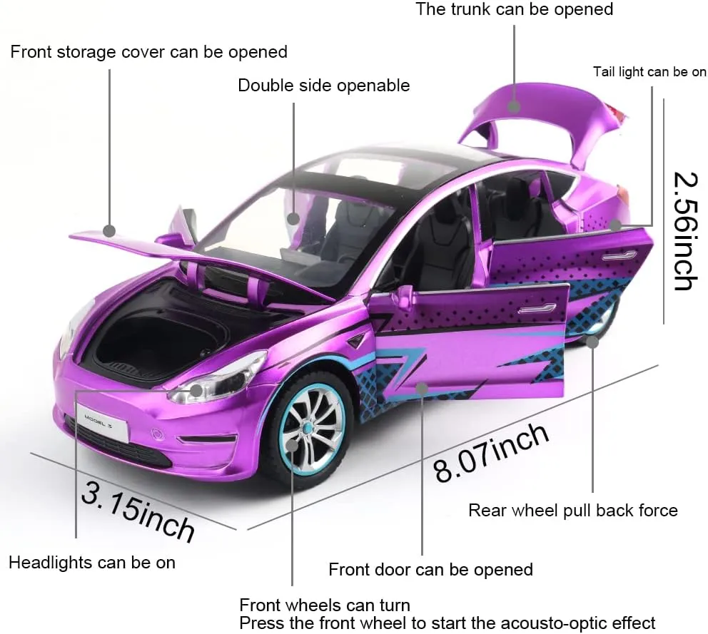 Zinc Alloy Model 3 Car Model,1:24 Scale Simulation Casting car Model Pull Back Diecast Toy Car, Mini Vehicles Toys with Lights and Music for Toddlers Kids Children Birthday Gift(Purple)