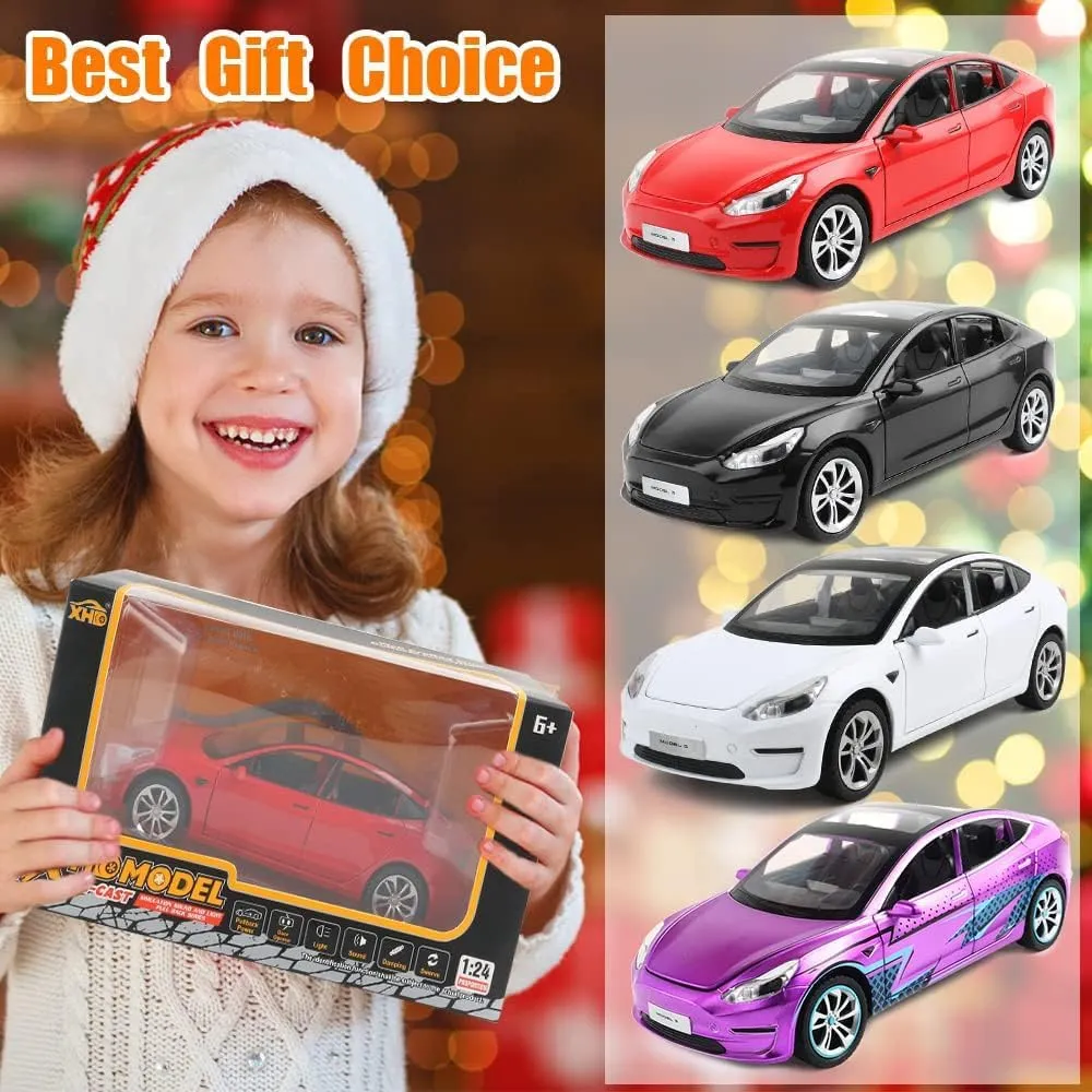 Zinc Alloy Model 3 Car Model,1:24 Scale Simulation Casting car Model Pull Back Diecast Toy Car, Mini Vehicles Toys with Lights and Music for Toddlers Kids Children Birthday Gift(Purple)